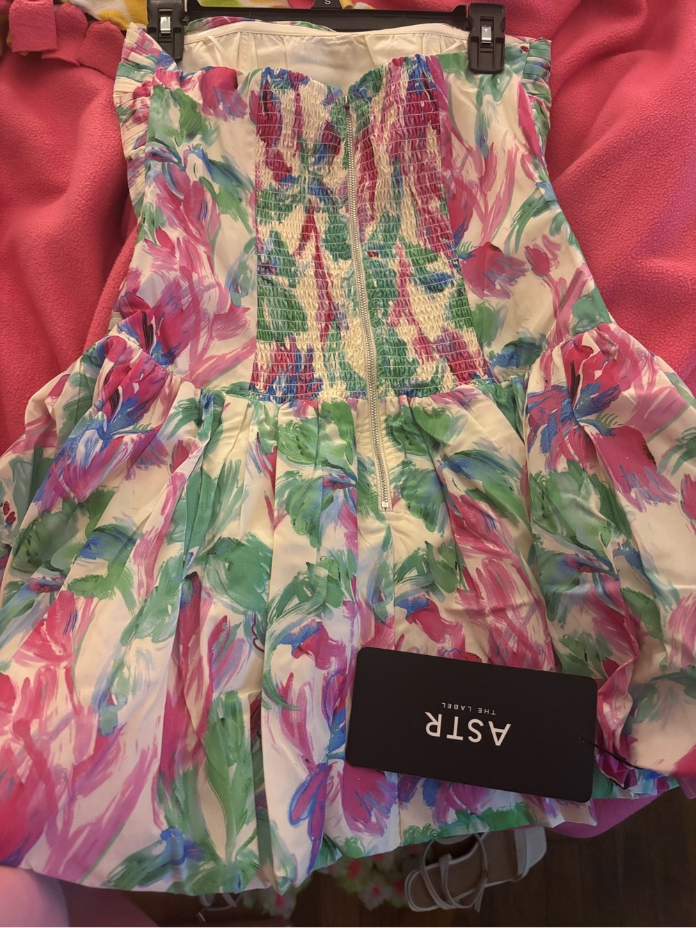 Astr Floral Strapless Mini Dress in Pink, Green & Blue